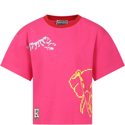 Kenzo Kids' Fuchsia T-shirt For Girl With Tiger And Logo In Fucsia