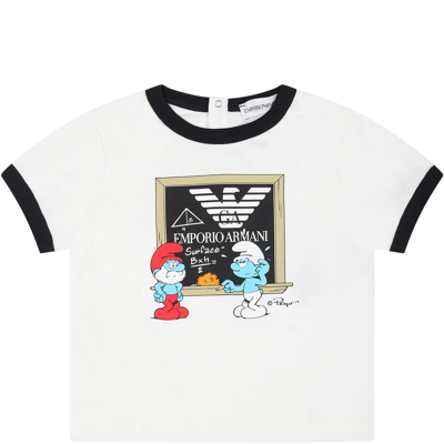 Armani Collezioni Kids' White T-shirt For Baby Boy With Eaglet And Smurfs