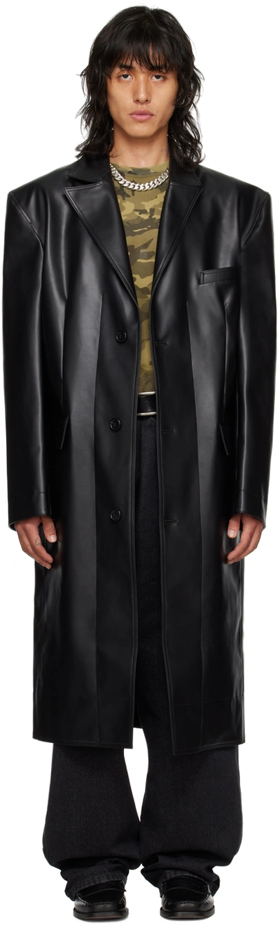 Lu'u Dan Black Notched Lapel Faux-leather Coat