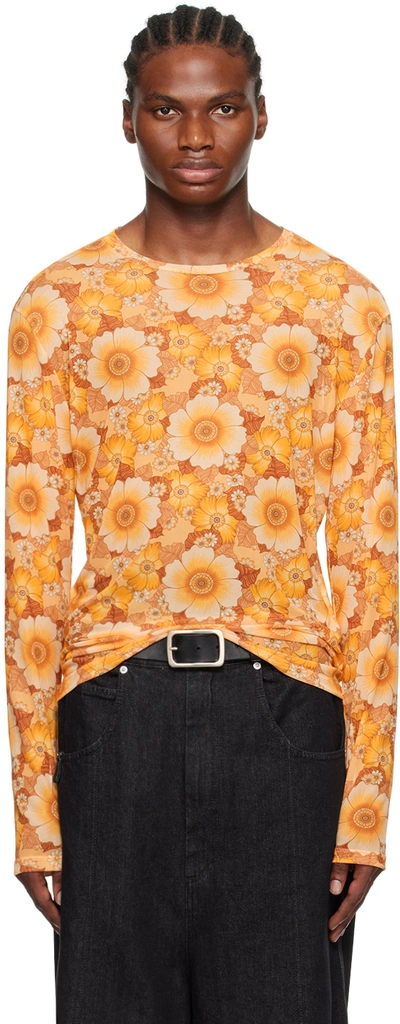Lu'u Dan Orange Floral Long Sleeve T-shirt In Wallpaper Flowers