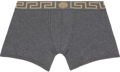 Versace Grey Greca Border Long Boxers In A9x1-grey-gold