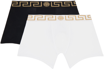 Versace Two-pack Black & White Greca Border Boxers In A83k-blkwhte/blkgld