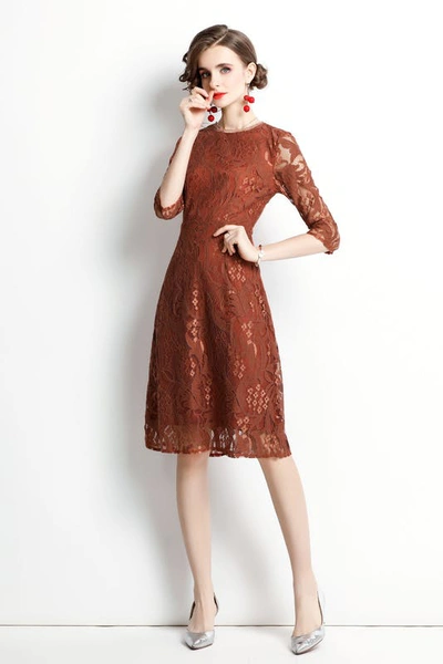 Kaimilan Brown Cocktail & Party A-line Crewneck Elbow Sleeve Knee Lace Dress