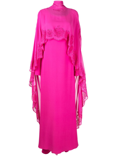 Versace Embroidered Cape Long Silk Dress In Pink