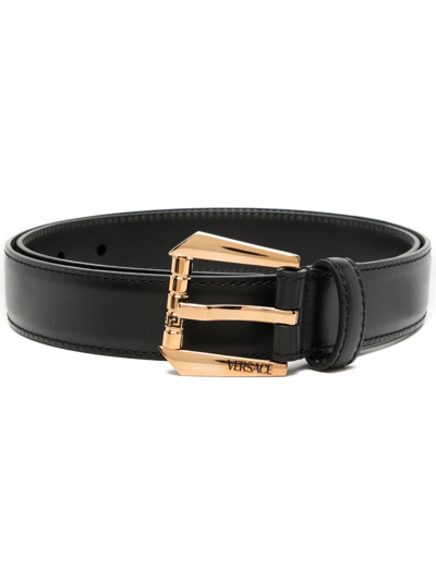 Versace Logo-engraved Leather Belt In Black