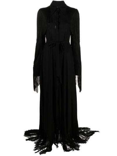 Roberto Cavalli Fringe-detail Belted Maxi Dress In Black