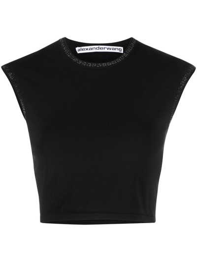 Alexander Wang Crystal-embellished Logo Crop Top In Black