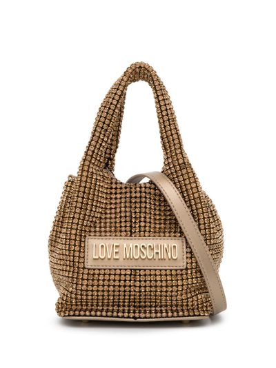 Love Moschino Logo-plaque Crystal-embellished Tote Bag In Gold