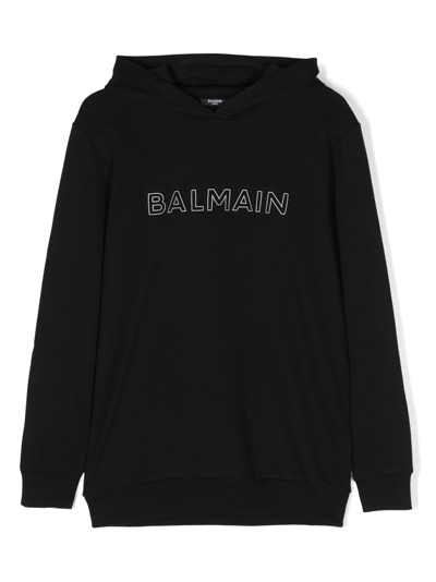 Balmain Kids' Logo-embroidered Cotton Hoodie In Black