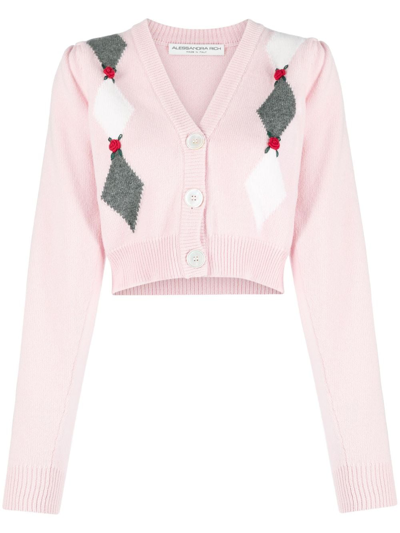 ALESSANDRA RICH INTARSIA-KNIT FLORAL-DETAIL CARDIGAN