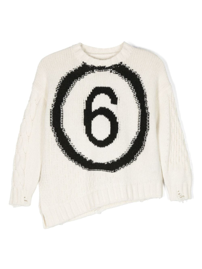 Mm6 Maison Margiela Kids' Wool-blend Crew-neck Jumper With Logo And Vintage Effect Breaks In Neutrals