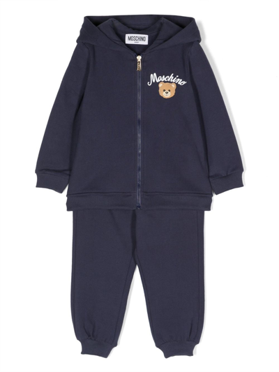 Moschino Babies' 棉小熊印花拉链连帽衫 In Blue