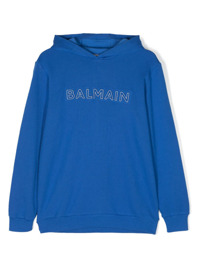 Balmain Kids' Logo-embroidered Cotton Hoodie In Blue