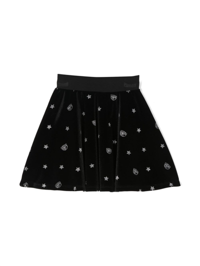 Chiara Ferragni Kids' Logo-embellished Velvet Pleated Skirt In Black