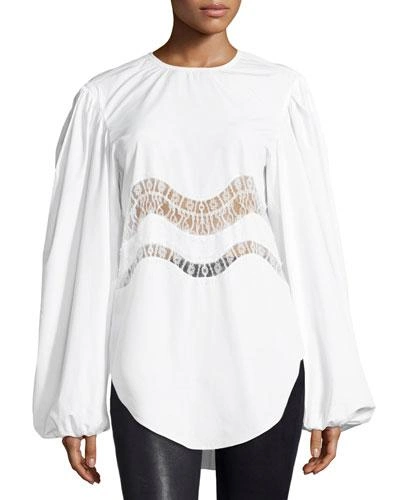 Nina Ricci Lace-trim Puff-sleeve Blouse, White In Blanc