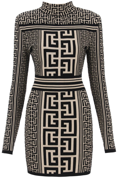 Balmain Dual Monogram Knit Mini Dress With Padded Shoulders In Multicolore