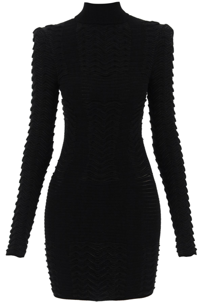 Balmain Turtleneck Mini Dress In Texturized Knit In Black