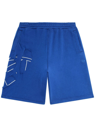 Diesel Ripped Cotton Track Shorts In Blue