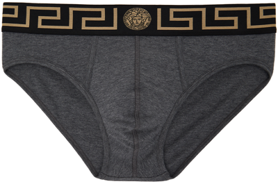 Versace Gray Greca Border Briefs In 2ec50-gray + Black