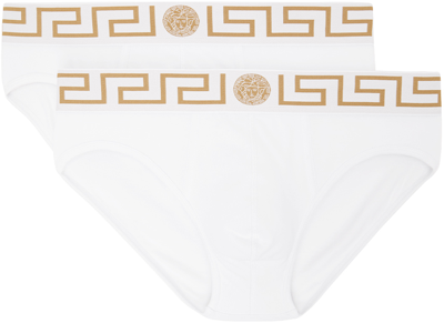 Versace Two-pack White Greca Border Briefs In A81h-white- Gold