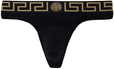 Versace Black Greca Border Thong In A80g-black Gold