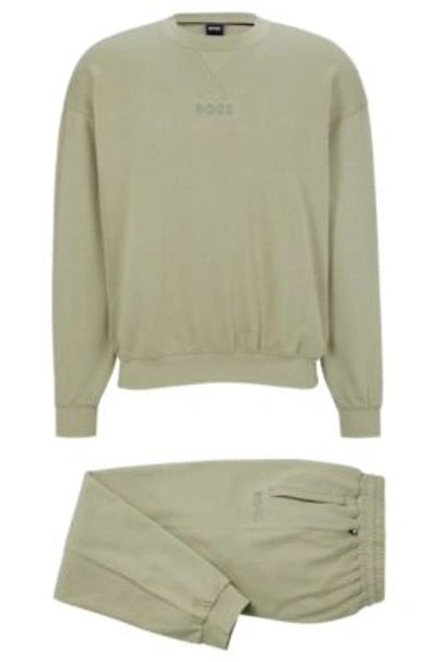 Hugo Boss Suede-look Pajamas In Organic Cotton With Embroidered Logos In Light Green