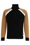 Hugo Boss Cotton Zip-neck Sweater With Color-blocking In Black