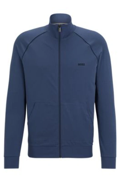 Hugo Boss Zip-up Loungewear Jacket In Stretch Cotton With Logo In Light Blue