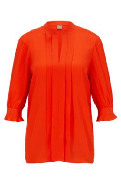 Hugo Boss Regular-fit Blouse In Pure Silk With Pleat Front In Orange