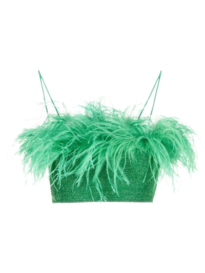 Oseree Ostrich-feather Metallic Cropped Top In Green