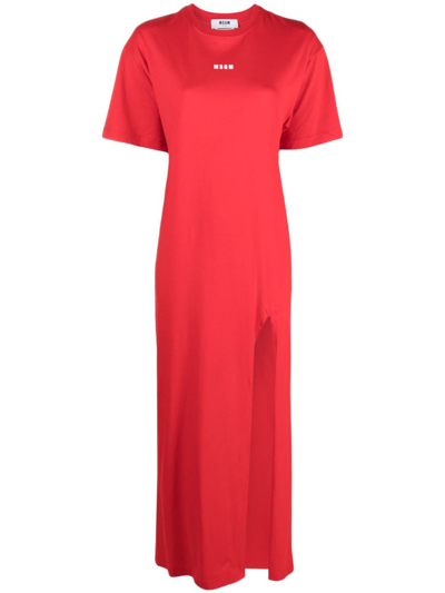 Msgm Logo-print Cotton Maxi Dress In Red