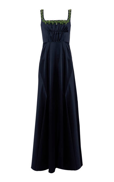 Erdem Embroidered Gathered Cotton-blend Gown In Navy