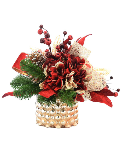 Creative Displays Red And Gold Hydrangeas, Pinecones And Berries In A Mercury Glass Vase