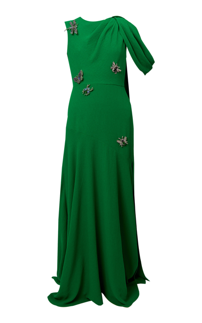 Erdem Shoulder Draped Embroidered Gown In Green