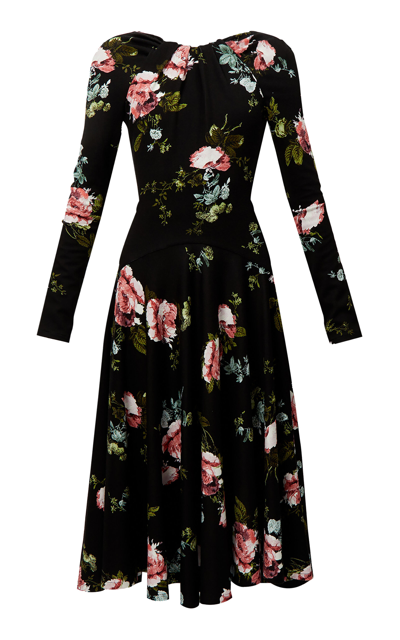 Erdem Gathered Floral Midi Dress In Black