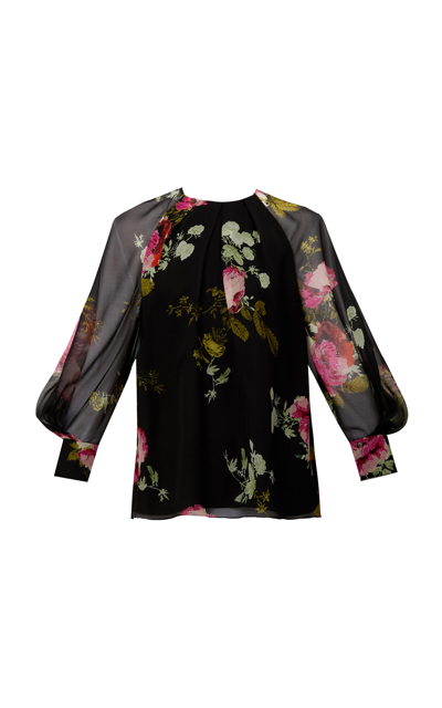 Erdem Gathered Floral Silk Blouse In Black