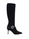 Manolo Blahnik Pliniahi 70 Embellished Satin-trimmed Suede Knee Boots In Blck