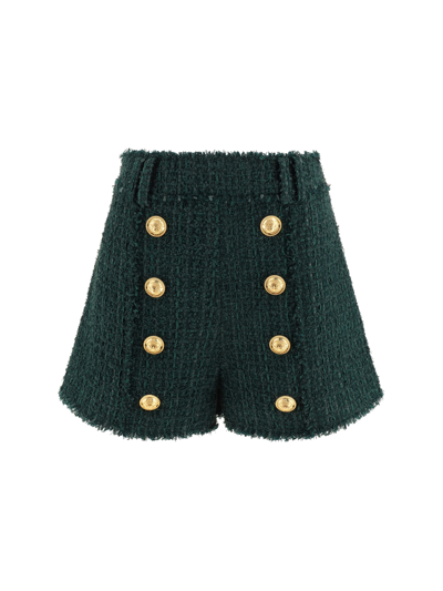 Balmain Frayed Button-embellished Bouclé Shorts In Green