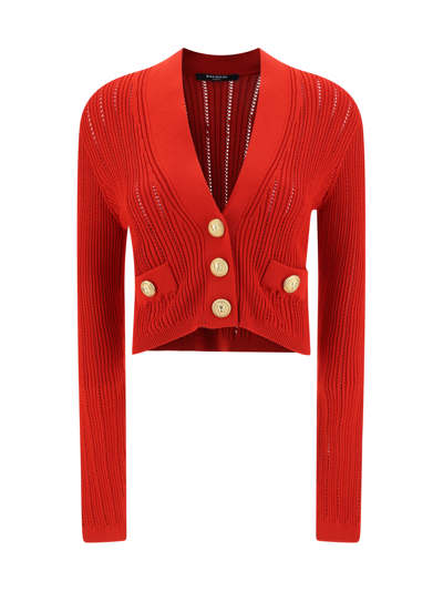 Balmain Cropped Button-embellished Ribbed Pointelle-knit Cardigan In Red