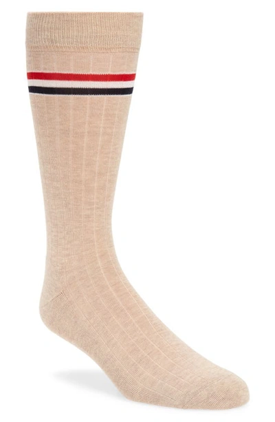 Thom Browne Stripe Ribbed Mid Calf Socks In Natural/ White