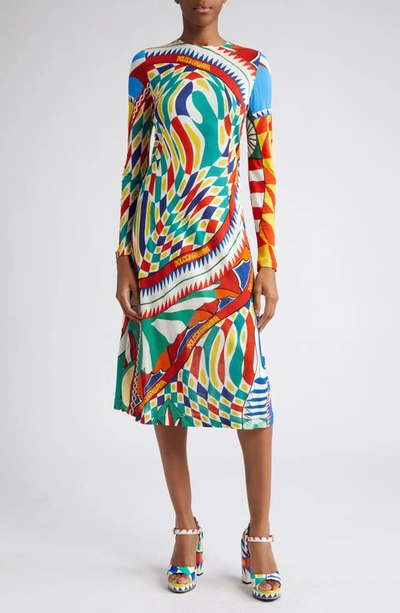Dolce & Gabbana Circus-print Long-sleeve Midi Dress In White Multicolor