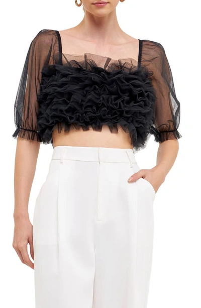 Endless Rose Ruffle Puff Sleeve Tulle Crop Top In Black