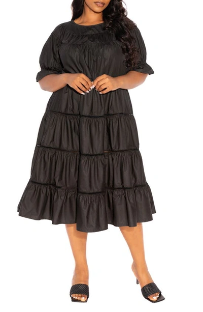 Buxom Couture Tiered Poplin Dress In Black