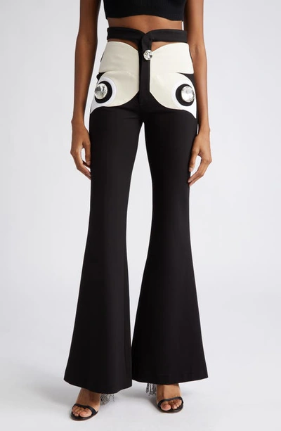 Area Butterfly Colorblock Crystal Embellished Cutout Flare Pants In Black
