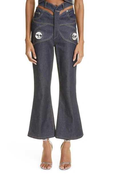 Area Butterfly Crystal Detail Crop Flare Nonstretch Jeans In Blue