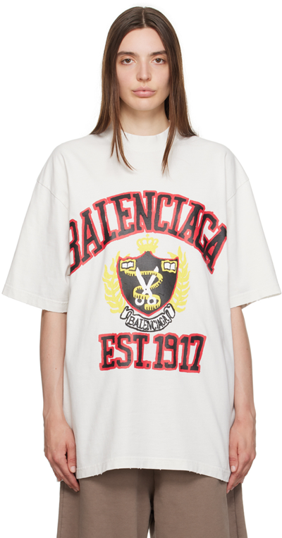 Balenciaga College Logo Cotton T-shirt In Dirty White