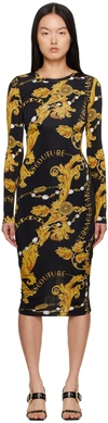 Versace Jeans Couture Baroque-print Midi Dress In Eg89 Black/gold