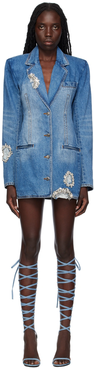 Area Embellished Cotton Denim Blazer Dress In Light Indigo