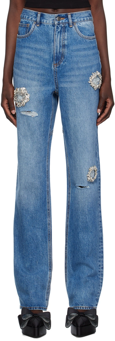 Area Distressed Straight-leg Jeans With Crystal Detail In Blue