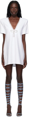 Area White Crystal Bow V-neck T-shirt Minidress In White